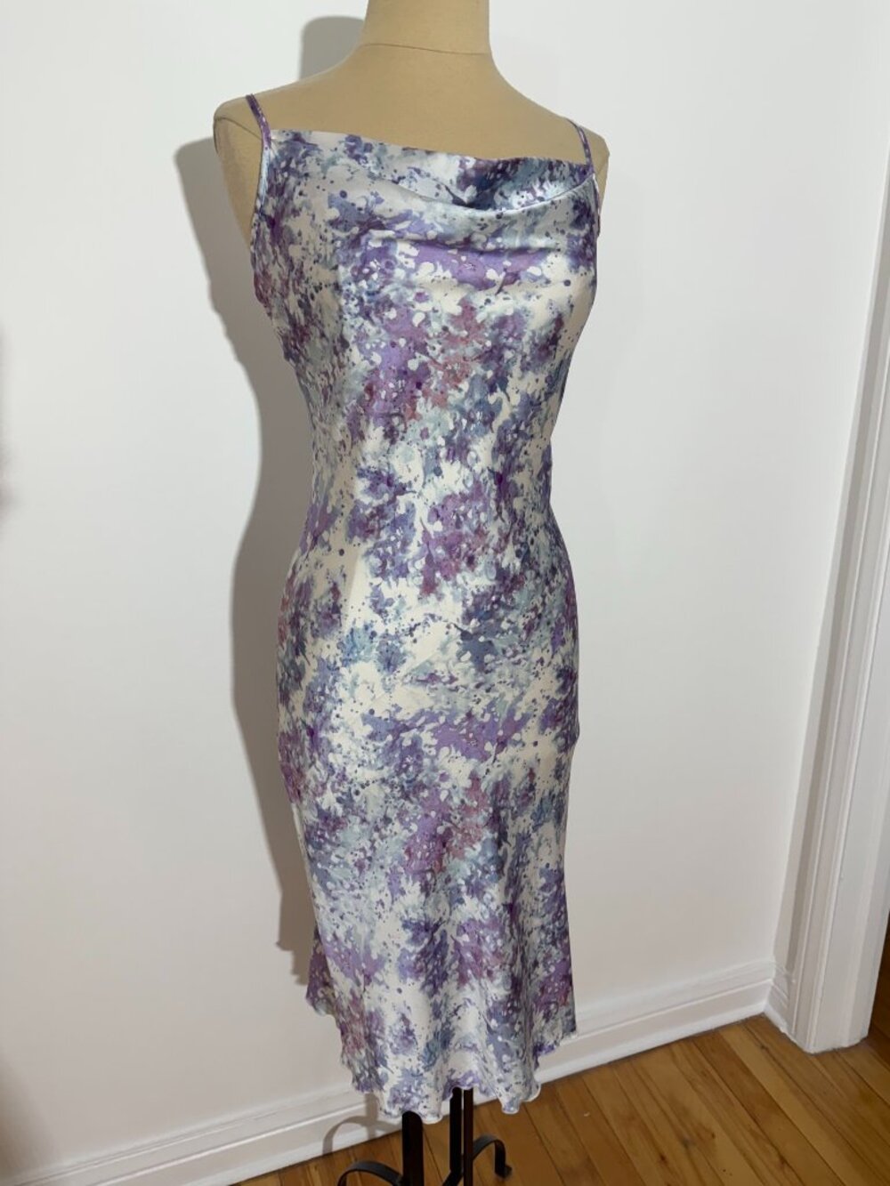 bebe Y2K Cowl Neck Satin Watercolour Slip Midi Dress